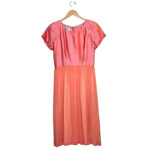 Vintage ICINOO 100% Silk‎ Dress Size 12 Pink Coral Shantung Chiffon Retro Midi